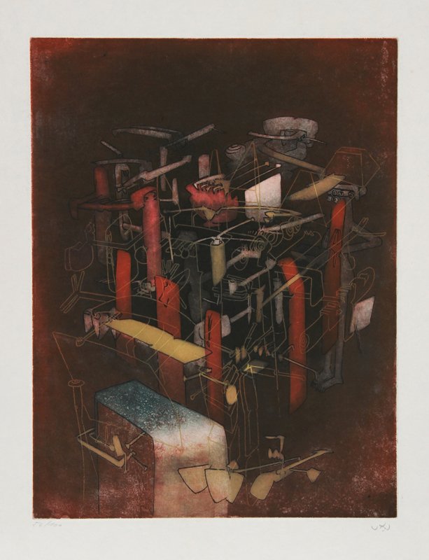 Roberto Matta, Etre atout from Hom'mere III - L'Ergonau: Artist: Roberto Matta, Chilean (1911 - 2002) Title: Etre atout from Hom'mere III - L'Ergonaute Year: 1976-77 Medium: Aquatint Etching on Japon, Signed and numbered in pencil Edition: 56/100 Image Size