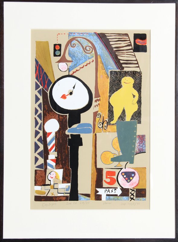 Hananiah Harari, City Signs, Serigraph: Artist: Hananiah Harari, American (1912 - 2000) Title: City Signs Year: 1938 (printed 1990) Medium: Serigraph, signed and numbered in pencil Edition: 24/30 Image Size: 19 x 12.5 inches Frame Size: 26