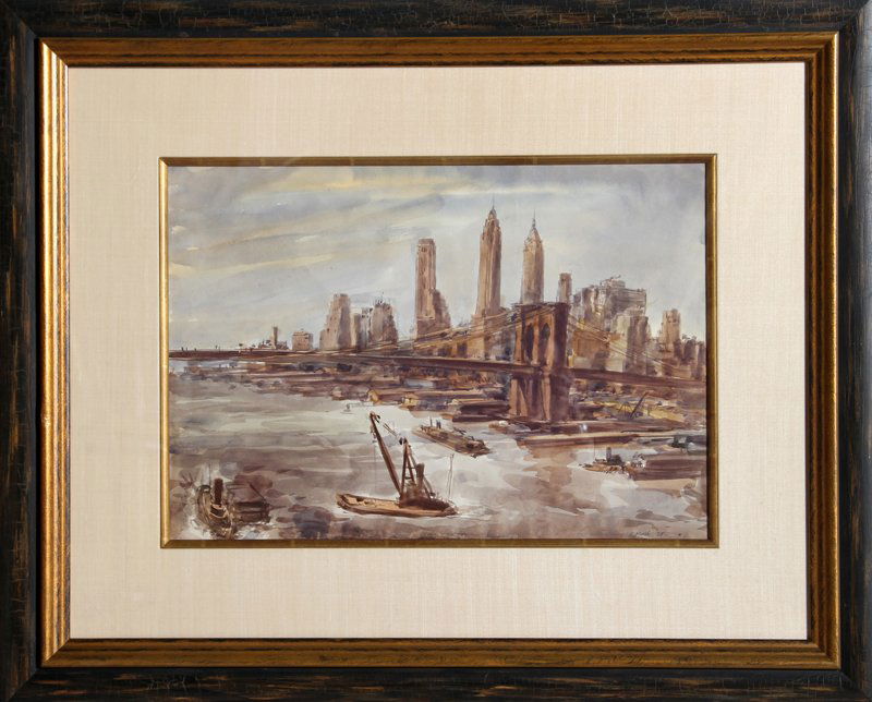 Reginald Marsh, Brooklyn Bridge and Lower Manhattan, Wa: Artist: Reginald Marsh, American (1898 - 1954) Title: Brooklyn Bridge and Lower Manhattan Year: 1938 Medium: Watercolor on Paper, signed and dated l.r. Size: 14 in. x 20 in. (35.56 cm x 50.8 cm)