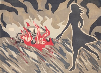 Richard Bosman, Car Crash, Woodcut on Japon Paper