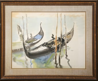 Emile Rampelberg, Docked Gondolas, Watercolor on Paper