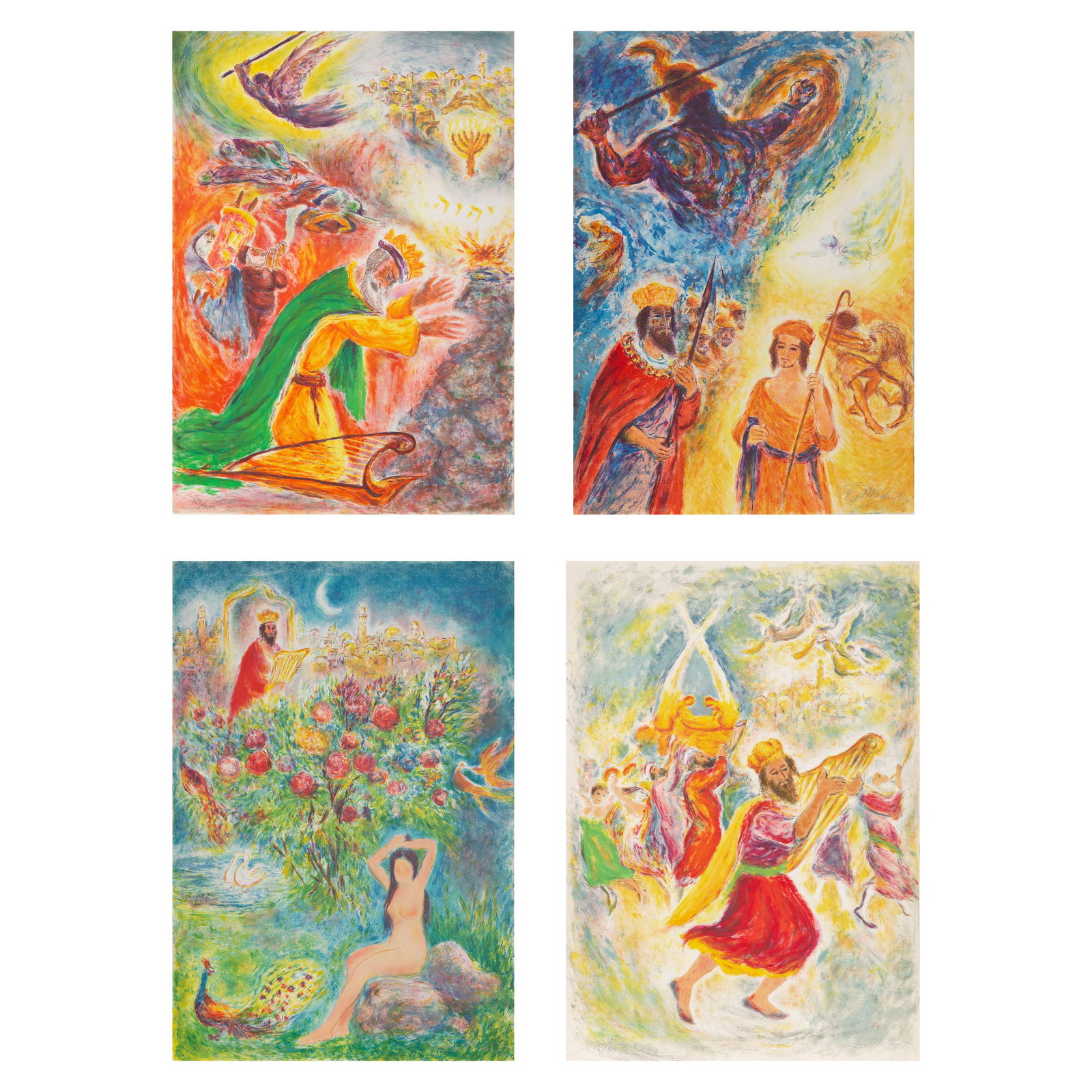 Ira Moskowitz, Lot of 4 Lithographs: Artist: Ira Moskowitz, Polish/American (1912 - 2001) Title: The Burning Bush, David and Goliath, Garden of Eden, and Victory Year: 1972 Medium: 4 Lithographs, each signed and numbered in pencil Editio