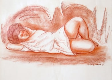 Raul Anguiano, Muchacha en una Cueva, Pastel on Paper