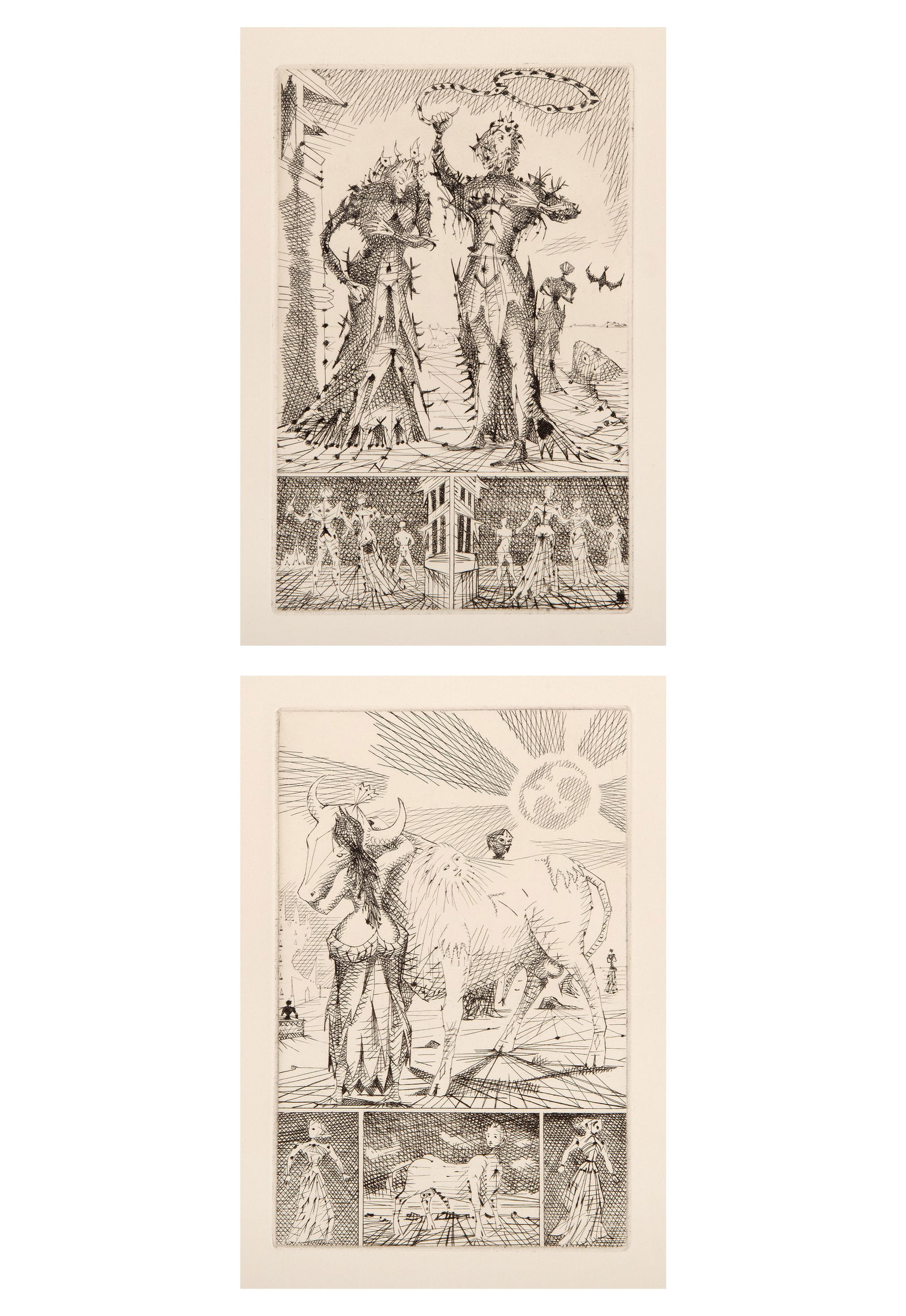 Lucien Coutaud, Lot of 2 Etchings: Artist: Lucien Coutaud, French (1904 - 1977) Title: Le Taureau Blanc II and V Year: 1957 Medium: 2 Etchings Image Size: 7.75 x 5 inches Size: 13 x 10 in. (33.02 x 25.4 cm) Description: From the collec