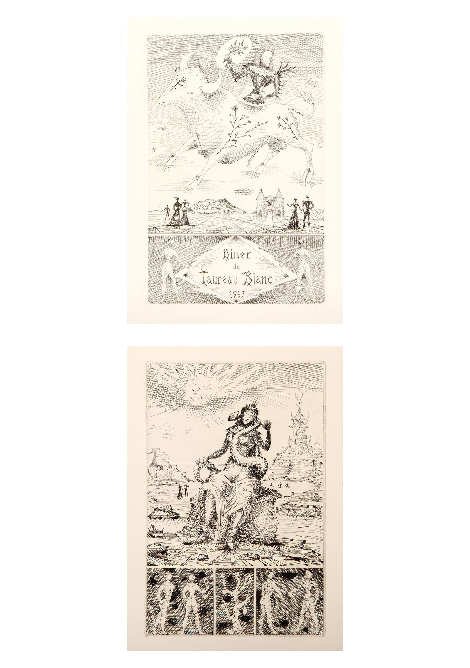 Lucien Coutaud, Lot of 2 Etchings: Artist: Lucien Coutaud, French (1904 - 1977) Title: Le Taureau Blanc and Le Taureau Blanc I Year: 1957 Medium: 2 Etchings Image Size: 7.75 x 5 inches Size: 13 x 10 in. (33.02 x 25.4 cm) Description: F