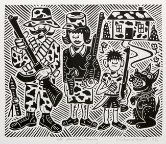 Richard Mock, All American Family, Linocut on BFK Rives
