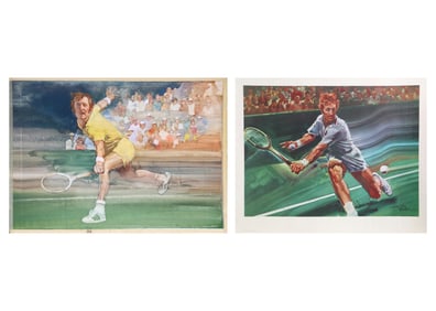 Robert Peak, Lot of 2 Artworks Depicting Rod Laver, One Watercolor and One Lithograph