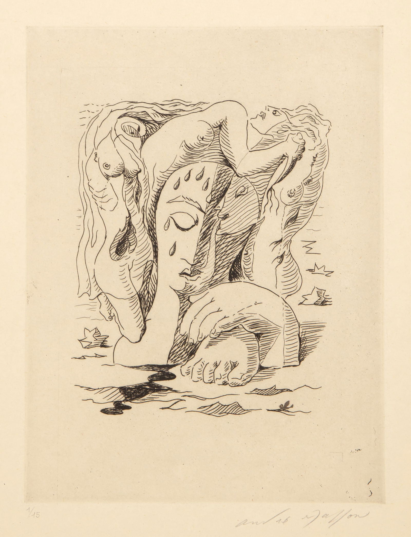 Andre Masson, Sueur de Sang, Etching on wove paper: Artist: Andre Masson, French (1896 - 1987) Title: Sueur de Sang Year: 1972 Medium: Etching on wove paper, signed and numbered in pencil Edition: 1/15 Image Size: 9.25 x 7 inches Size: 15 x 11 in. (38.