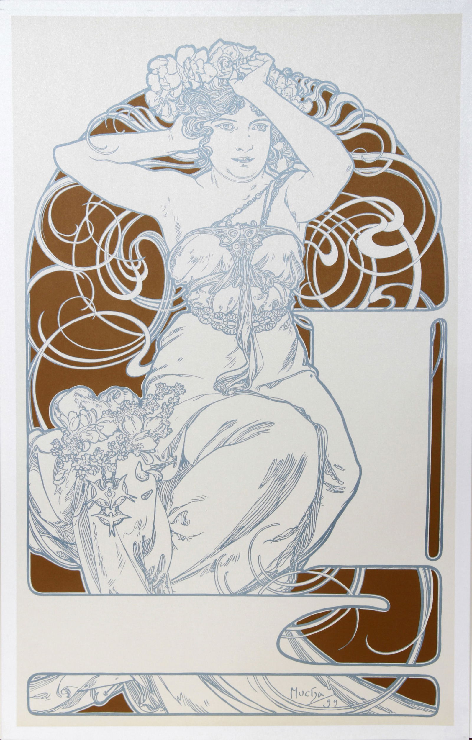 After Alphonse Mucha, Handmaiden, Lithograph Poster: Artist: After Alphonse Mucha, Czech (1860 - 1939) Title: Handmaiden Year: 1982 Medium: Lithograph Poster Edition: 5000 Image Size: 33 x 20.5 inches Size: 34.5 in. x 22 in. (87.63 cm x 55.88 cm) Refere