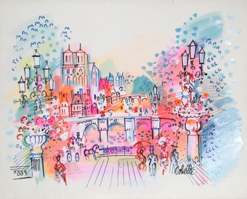 Charles Cobelle, View of Notre Dame and Bridge 2, Acrylic on paper