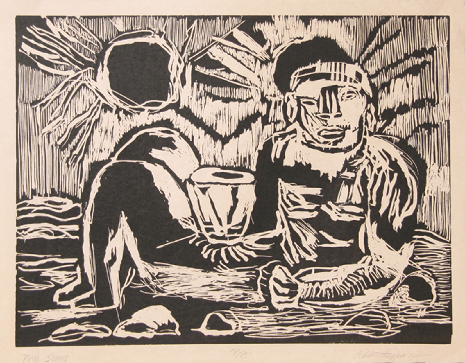 Roberto Juarez, Two Suns, Woodcut: Artist: Roberto Juarez, American (1952 - ) Title: Two Suns Year: 1983 Medium: Woodcut, Signed and Numbered in Pencil Edition: 15 Size: 20 in. x 25.5 in. (50.8 cm x 64.77 cm)