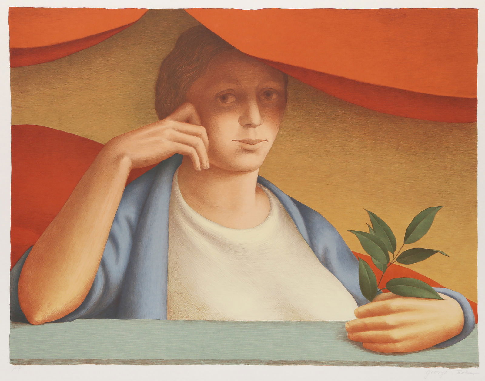George Tooker, Woman with a Sprig of Laurel, Lithograph: Artist: George Tooker, American (1920 - 2011) Title: Woman with a Sprig of Laurel Year: 1978 Medium: Lithograph, signed and numbered in pencil Edition: AP Image Size: 17.5 x 23.5 inches Size: 22.5 x 2