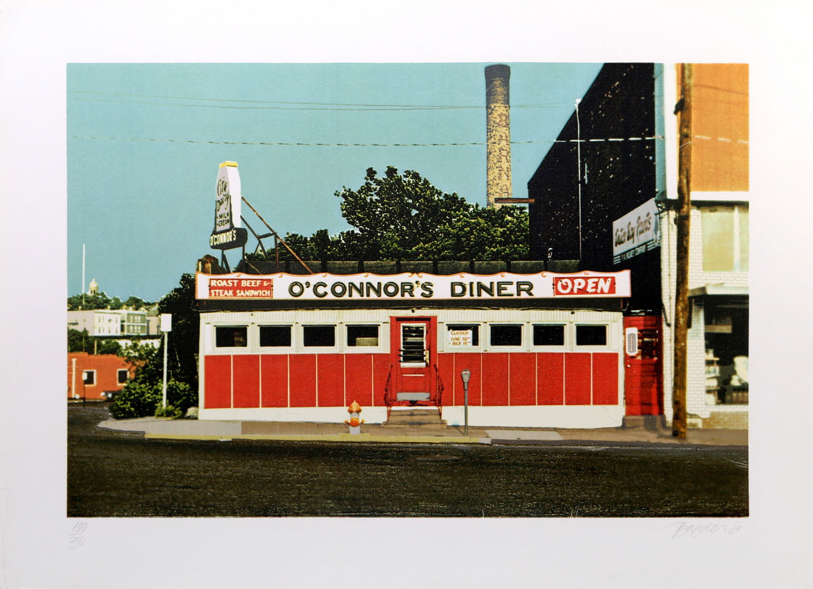 John Baeder, O'Connor's Diner, Screenprint: Artist: John Baeder, American (1938 - ) Title: O'Connor's Diner Year: circa 1980 Medium: Screenprint, signed and numbered in pencil Edition: 250 Size: 22 in. x 30 in. (55.88 cm x 76.2 cm) Description: