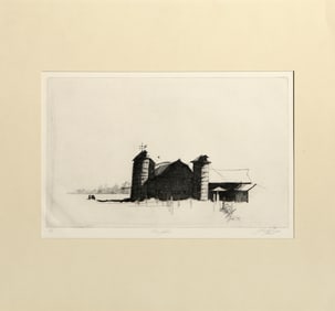Sheldon 'Shelly' Fink, Twin Silos, Etching on paper