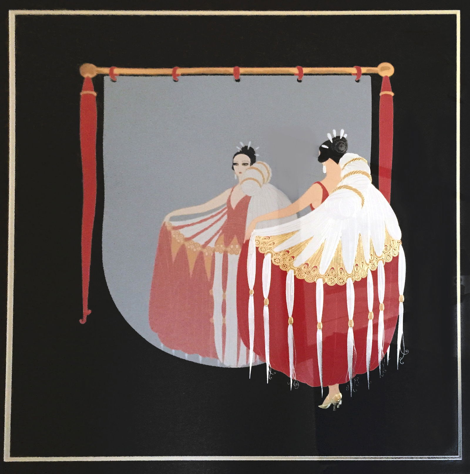 Erte, The Mirror, Embossed Screenprint: Artist: Erte, Russian (1892 - 1990) Title: The Mirror Year: 1985 Medium: Embossed Screenprint, signed and numbered in pencil Edition: CXXXLX/CL Size: 29 x 24.75 in. (73.66 x 62.87 cm) Frame Size: 32 x