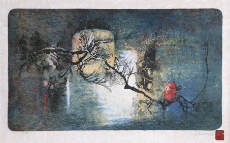 Lebadang (aka Hoi), Winter Tree in Moonlight, Lithograph on Japon, mounted to Arches