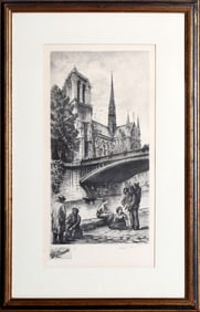 Aime Dallemagne, Church and Bridge, Etching