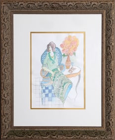 Itzchak Tarkay, Lady Seated, Watercolor on Paper
