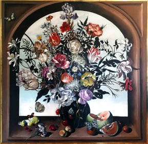 Unknown Artist, Still Life with Flowers and Melon, Oil on Canvas