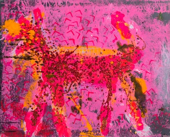 Peter Mayer, Dog (Pink and Orange and Black), Acrylic, sand, and glitter on canvas