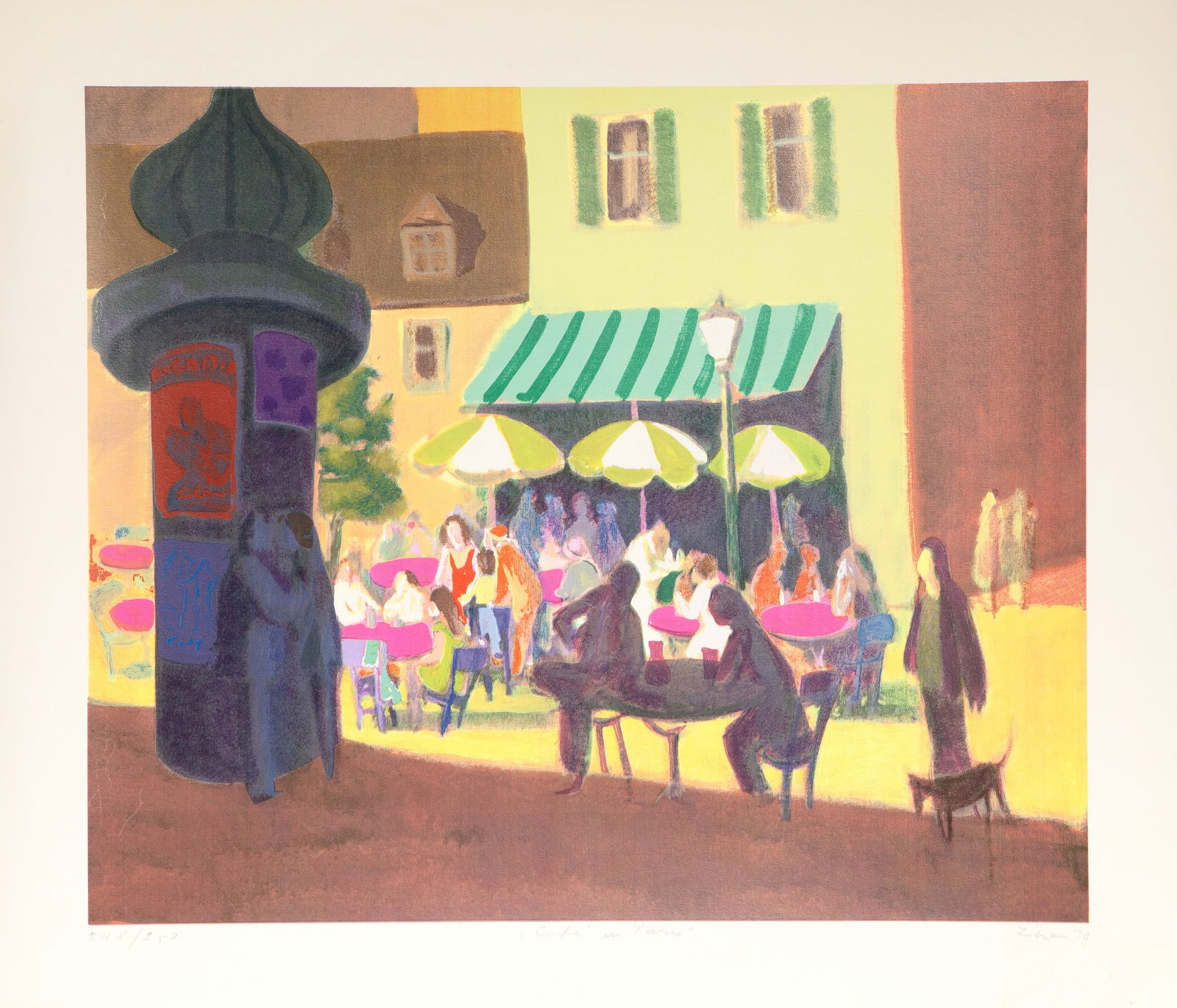Gustav Likan, Cafe in Paris, Lithograph: Artist: Gustav Likan, Serbian (1912 - 1998) Title: Cafe in Paris Year: 1978 Medium: Lithograph, signed, numbered, dated and titled in pencil Edition: 248/250 Image Size: 20 x 24 inches Size: 24.5 x 28