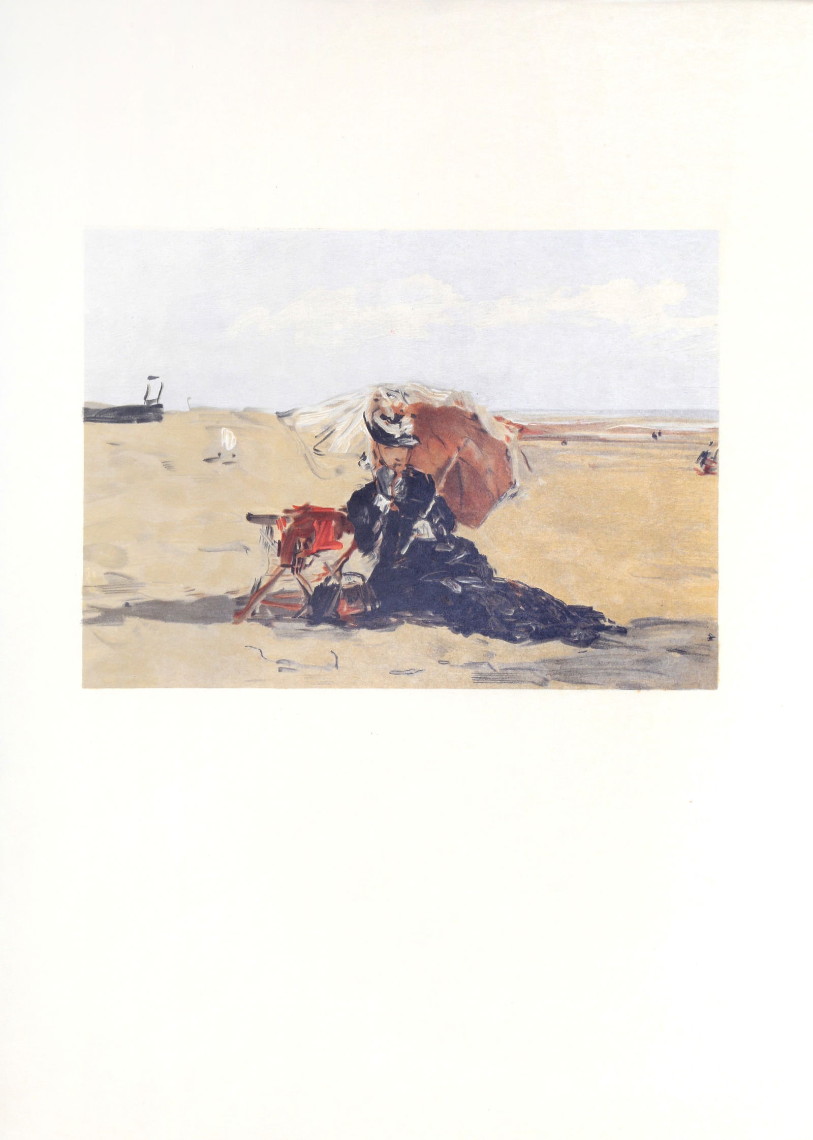 After Eugene Boudin, Woman with Parasol on Beach, Lithograph: Artist: After Eugene Boudin, French (1824 - 1898) Title: Woman with Parasol on Beach Year: of Original Artwork: 1880 Medium: Lithograph Image Size: 10.25 x 14 inches Size: 25.5 x 18.5 in. (64.77 x 46.