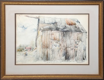 Seymour Rosenthal, Men Praying in Barn, Watercolor and Pencil on Paper