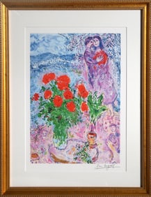 After Marc Chagall, Red Bouquet with Lovers, Giclee on paper