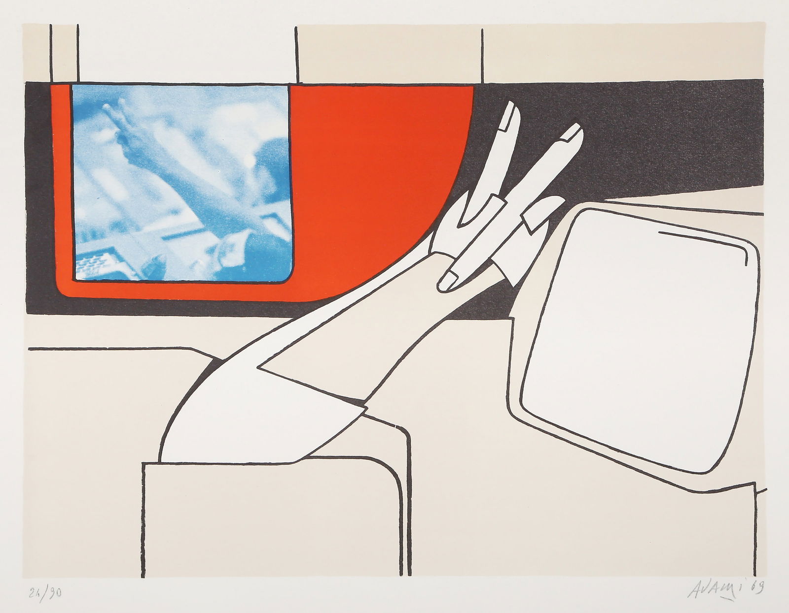 Valerio Adami, On The Moon, Screenprint: Artist: Valerio Adami, Italian (1935 - ) Title: On The Moon Year: 1969 Medium: Screenprint, signed, numbered and dated in pencil Edition: 24/90 Image Size: 14.25 x 19 inches Size: 19.75 x 23.5 in. (50