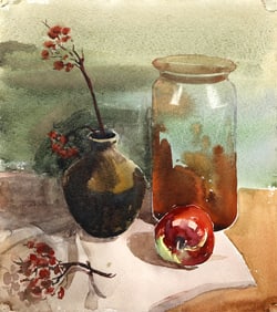 Erik Freyman, Still Life with Apple, Watercolor on Paper