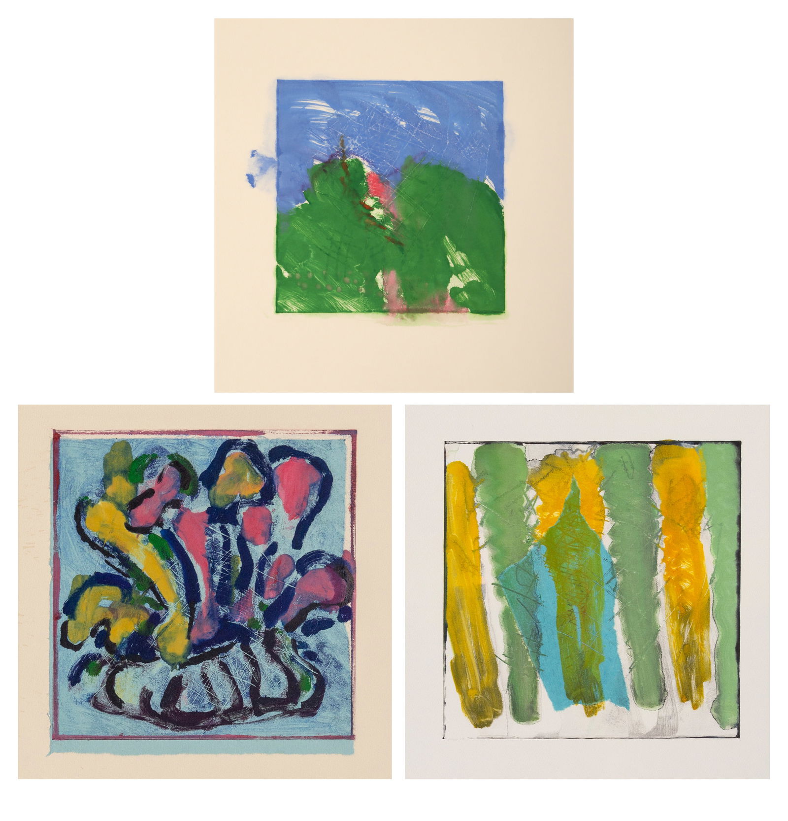 Lucio Pozzi, Lot of Three Monoprints: Artist: Lucio Pozzi, Italian (1935 - ) Title: Tyra, Guer, and Apolides Year: 1987 Medium: Three Monoprints, each signed, numbered, dated, and titled in pencil Edition: 1/1 Image Size: each 12 x 12 inc