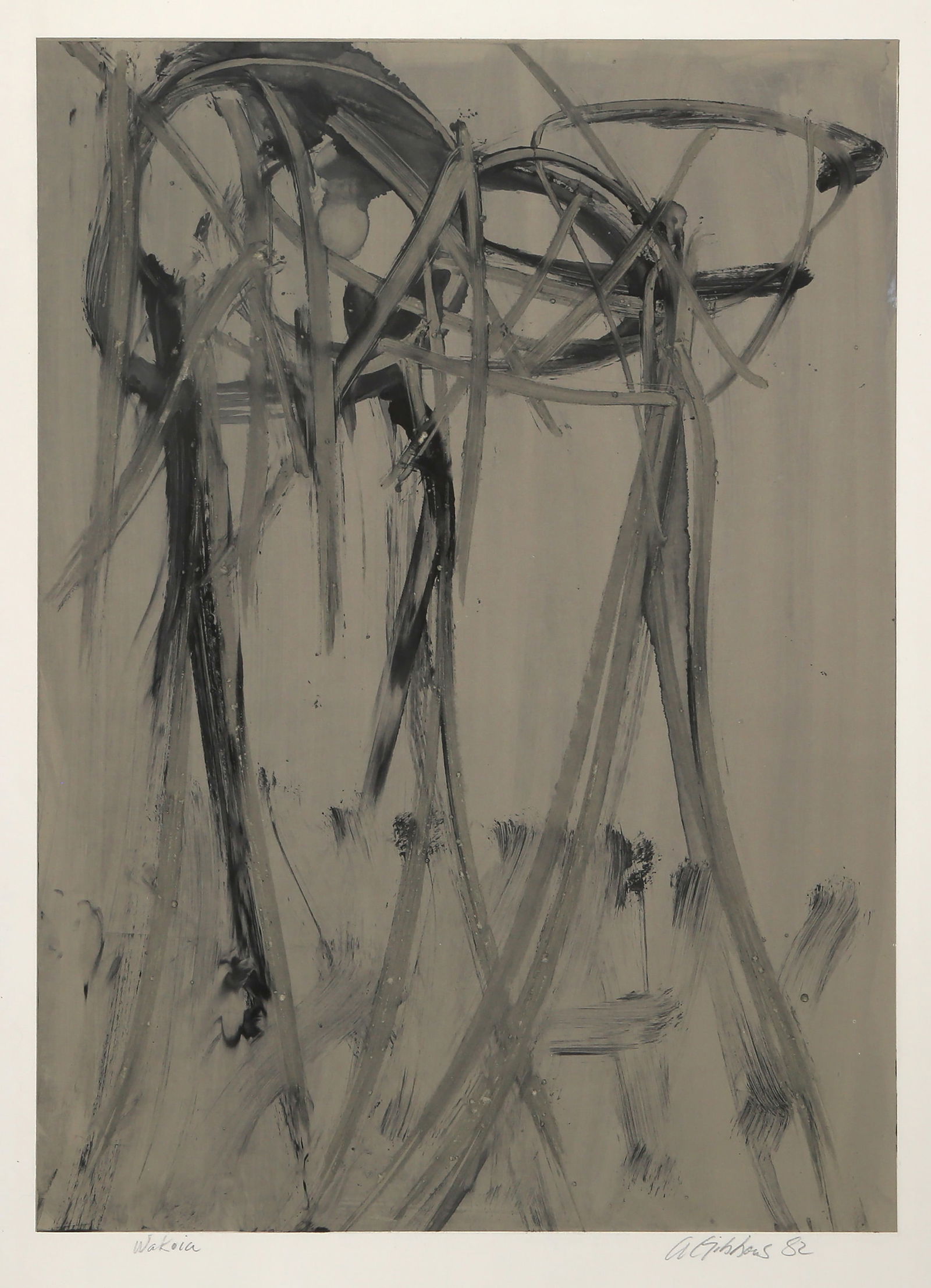 Arthur Gibbons, Wakoia, Monotype Etching with Aquatint: Artist: Arthur Gibbons, American (1947 - ) Title: Wakoia Year: 1982 Medium: Monotype Etching with Aquatint, signed, titled and dated in pencil Image Size: 31.5 x 23.25 inches Size: 39.5 x 29.5 in. (10