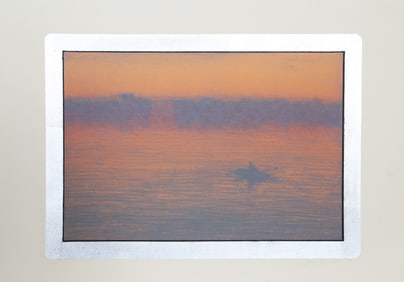 John Beerman, Rowing in the Mist, Lithograph, Hand Gilded Metal Leaf Border