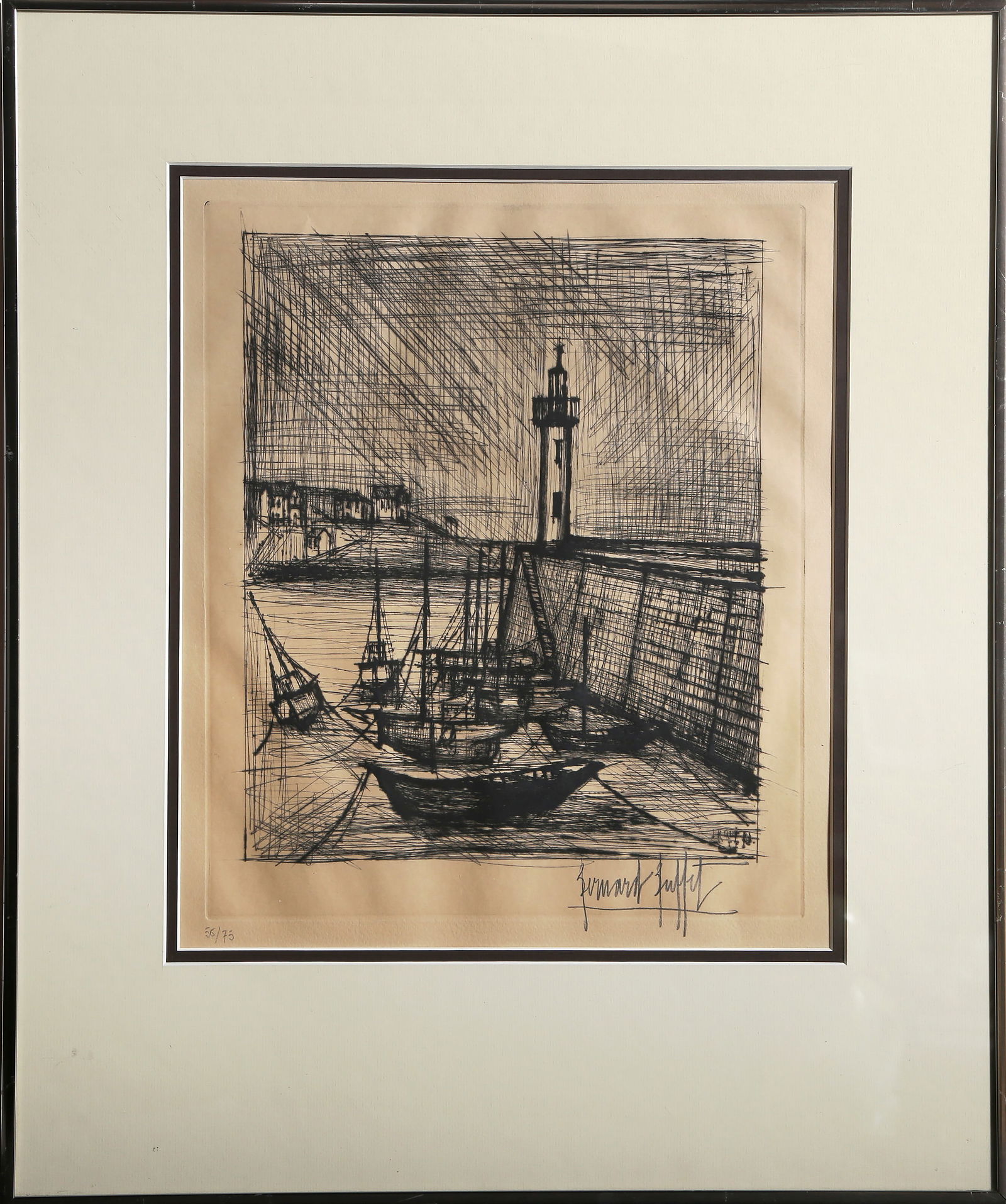 Bernard Buffet, Le Phare, Etching: Artist: Bernard Buffet, French (1928 - 1999) Title: Le Phare Year: 1958 Medium: Etching, signed and numbered in pencil Edition: 56/75 Image Size: 12 x 10 inches Frame Size: 22.75 x 19.5 inches