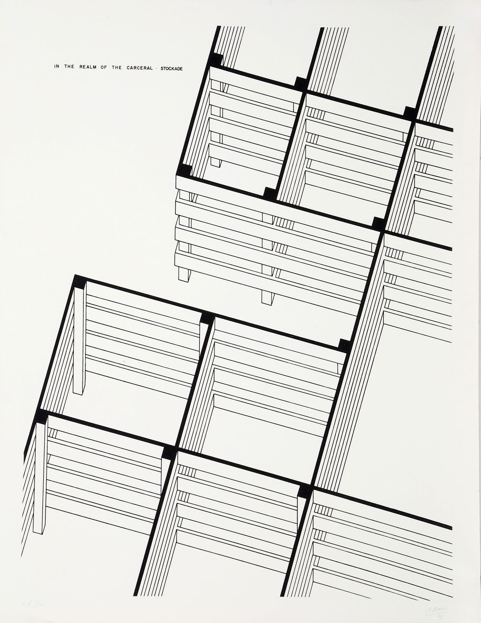 Robert Morris, Stockade from In the Realm of the Carceral, Etching with Aquatint: Artist: Robert Morris, American (1931 - 2018) Title: Stockade from In the Realm of the Carceral Year: 1979 Medium: Etching with Aquatint, signed and numbered in pencil Edition: 150, AP 13/20 Size: 48