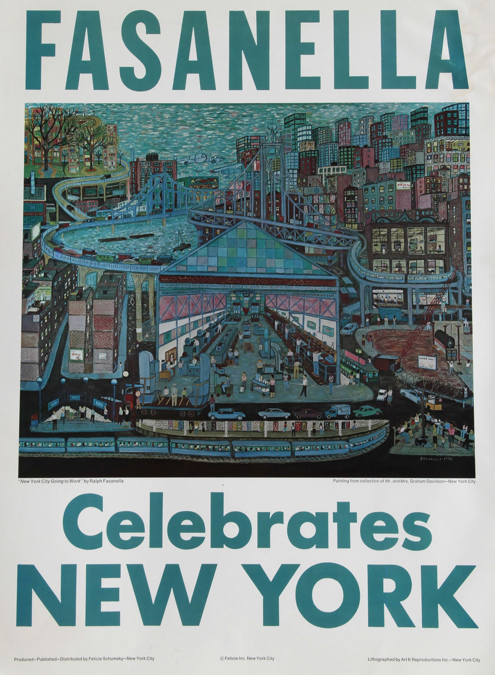 Ralph Fasanella, Fasanella Celebrates New York Poster, Poster: Artist: Ralph Fasanella, American (1914 - 1997) Title: Fasanella Celebrates New York Poster Medium: Poster Size: 25 in. x 19 in. (63.5 cm x 48.26 cm) Description: Rendered in hues of blue, teal, and b