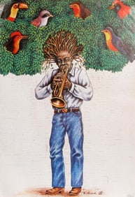 Rafal Olbinski, Trumpet Player with Birds, Poster