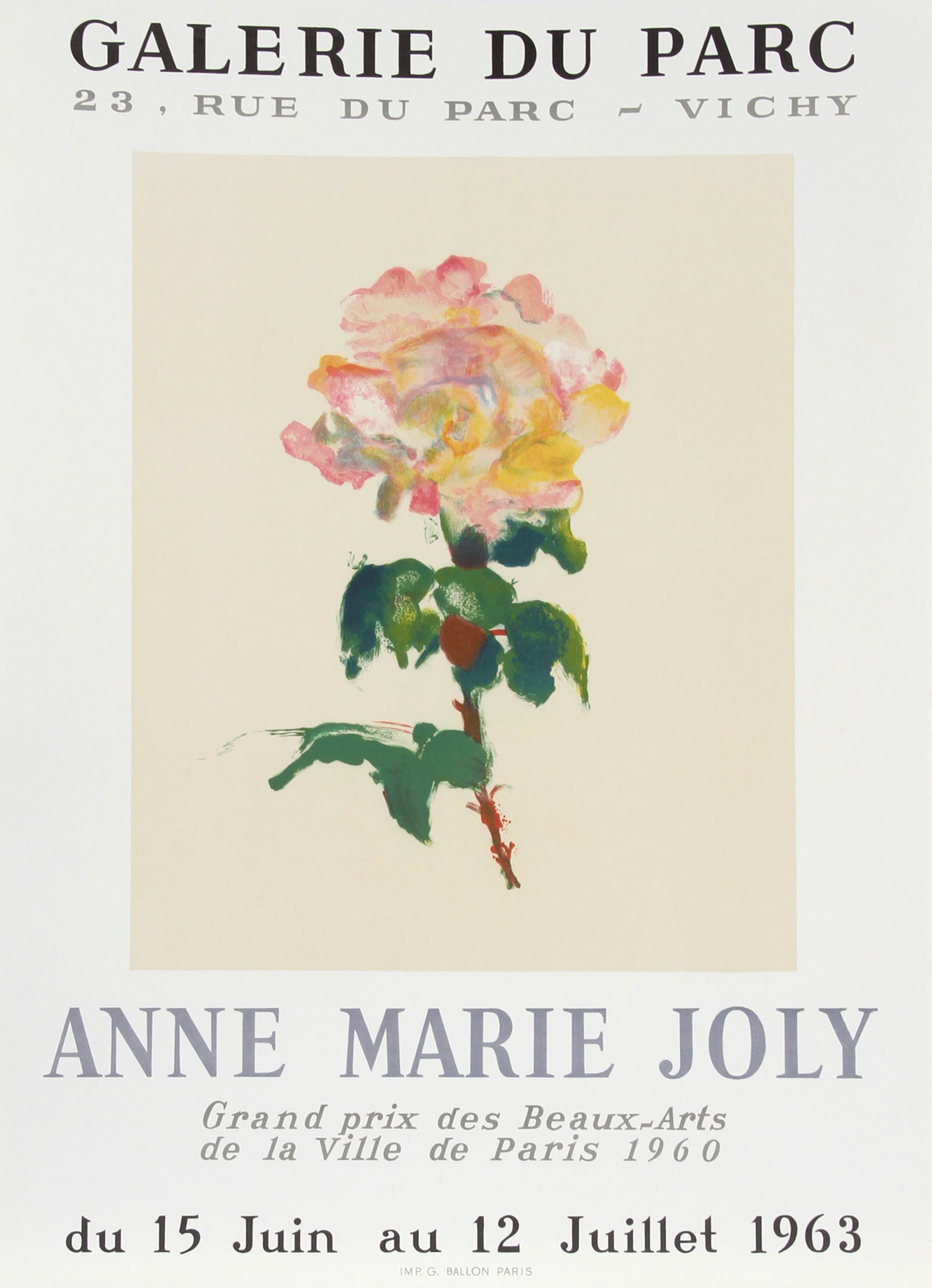 Anne-Marie Joly, Exhibition Galerie du Parc, Lithograph Poster: Artist: Anne-Marie Joly, French (19?? - 2012) Title: Exhibition Galerie du Parc Year: 1963 Medium: Lithograph Poster Size: 26 in. x 19 in. (66.04 cm x 48.26 cm)