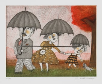 Christine Amarger, Family with Umbrellas, Aquatint Etching