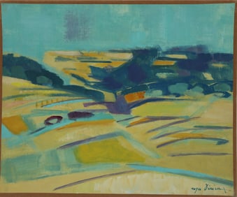 Roger Derieux, Abstract Teal Landscape, Oil on Paper mounted to canvas