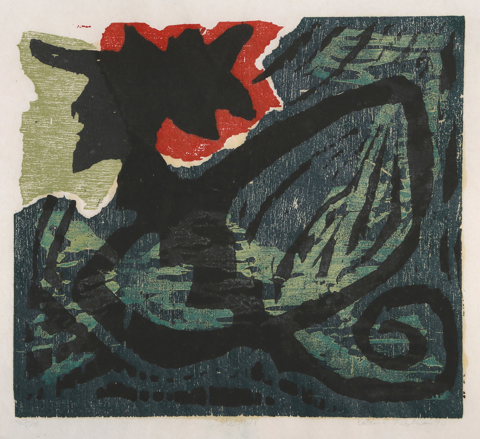 Katherine Winckler, Sleipnir, Woodcut on Japon: Artist: Katherine Winckler, American (1898 - 1976) Title: Sleipnir Year: 1990 Medium: Woodcut on Japon, signed titled, numbered and dated in pencil Edition: 7/20 Image Size: 8 x 9 inches Size: 10 x 13