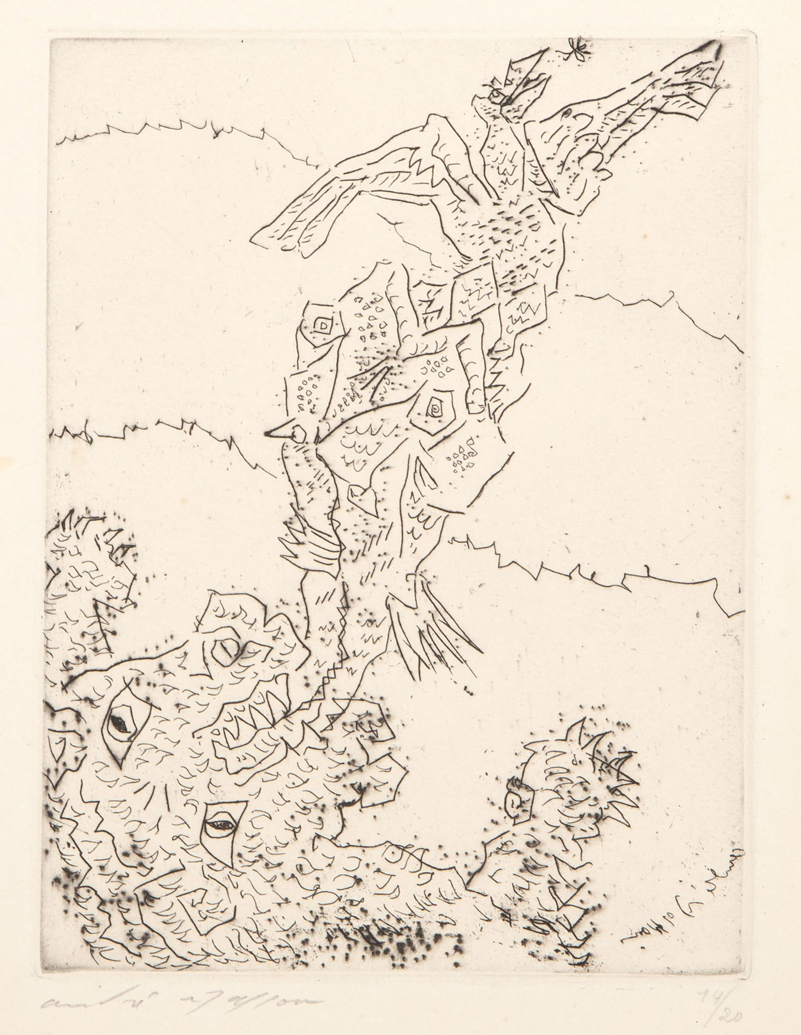 Andre Masson, Fantasie Animale, Etching: Artist: Andre Masson, French (1896 - 1987) Title: Fantasie Animale Year: 1946 Medium: Etching, signed and numbered in pencil Edition: 14/20 Image Size: 8 x 6 inches Size: 13 x 10 in. (33.02 x 25.4 cm)