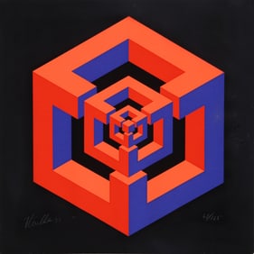 Jose Maria Yturralde, Cube within Cube (Red and Blue), Screenprint