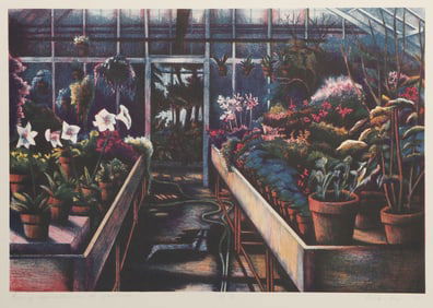 Delita Alvarez Piercy, Evening Approaches In The Greenhouse, Lithograph on BFK Rives