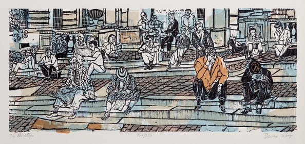 Ted Davies, On The Steps, Woodcut on Rives