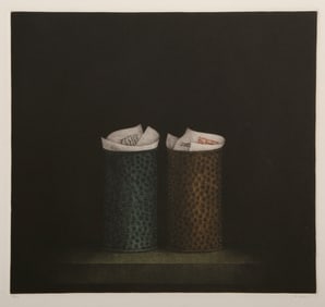 Tomoe Yokoi, Two Wastebaskets, Mezzotint on BFK Rives