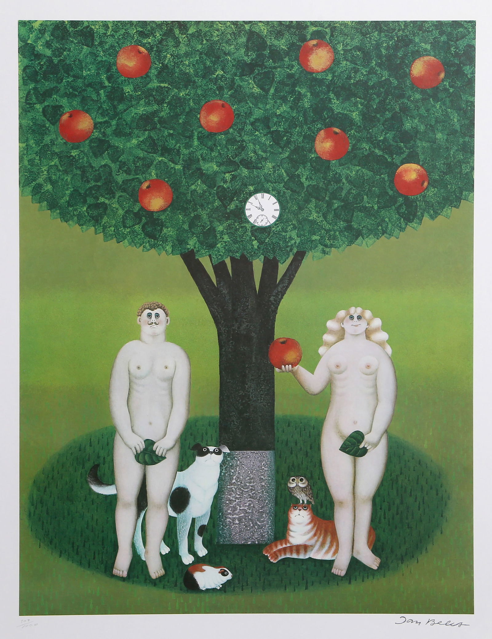 Jan Balet, Adam & Eve, Offset Lithograph: Artist: Jan Balet, German (1913 - 2009) Title: Adam & Eve Medium: Offset Lithograph, stamp-signed and numbered in pencil Edition: 509/1000 Image Size: 24 x 18 inches Size: 31.25 x 25 in. (79.38 x 63.5