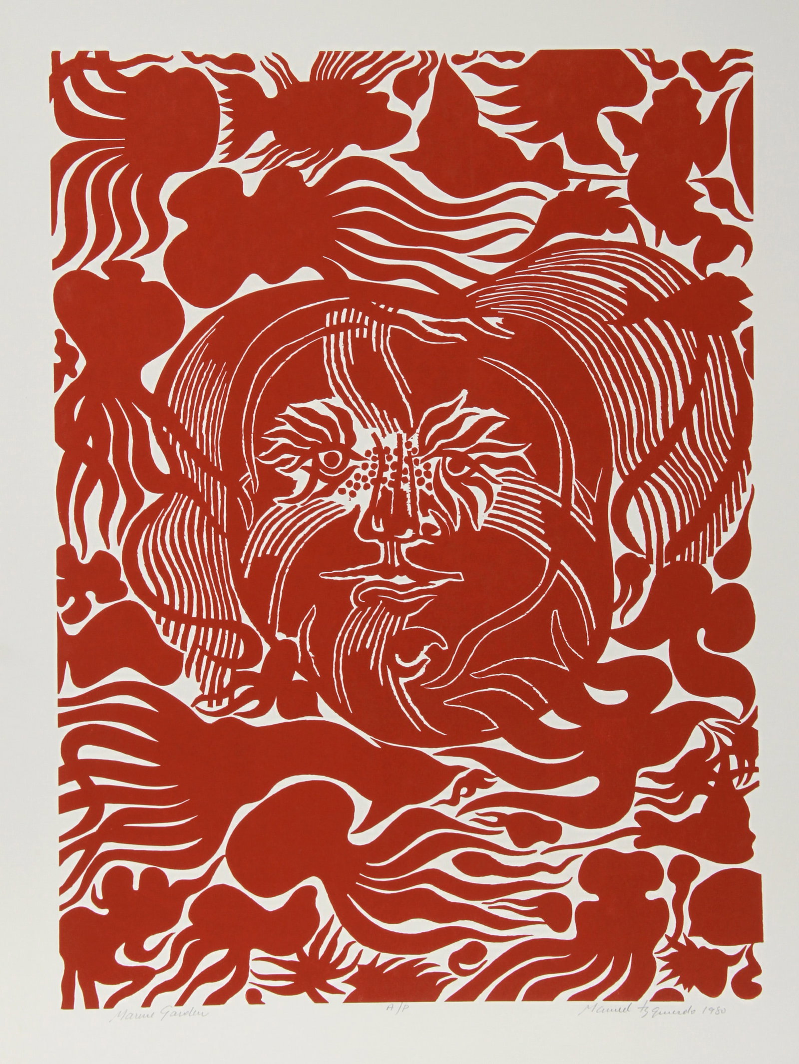 Manuel Izqueirdo, Marine Garden (Red), Woodcut: Artist: Manuel Izqueirdo, Spanish (1925 - 2009) Title: Marine Garden (Red) Year: 1980 Medium: Woodcut, signed and numbered in pencil Edition: 100, AP Image Size: 27 x 19.5 inches Size: 31 in. x 24 in.