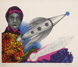 Paul van Hoeydonck, Blue Rose and Red Sky, Lithograph on Arches