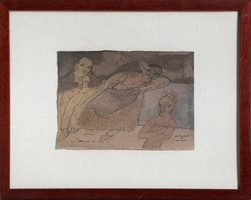 Jose Luis Cuevas, Antonio Liarte con modelos, Ink and Watercolor on Paper